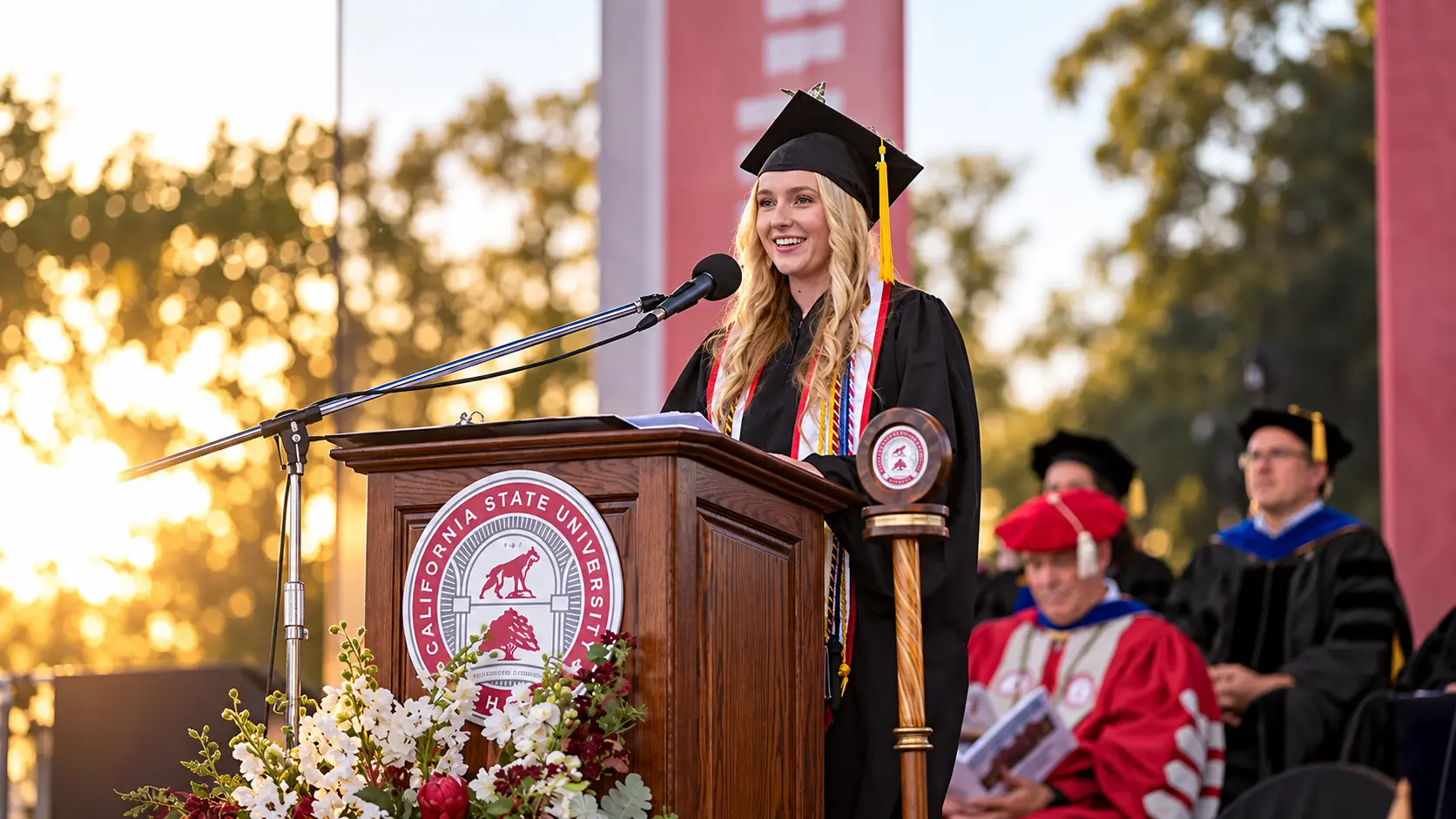A graduate in cap and gown with honor cords speaks at a California State University podium during commencement.